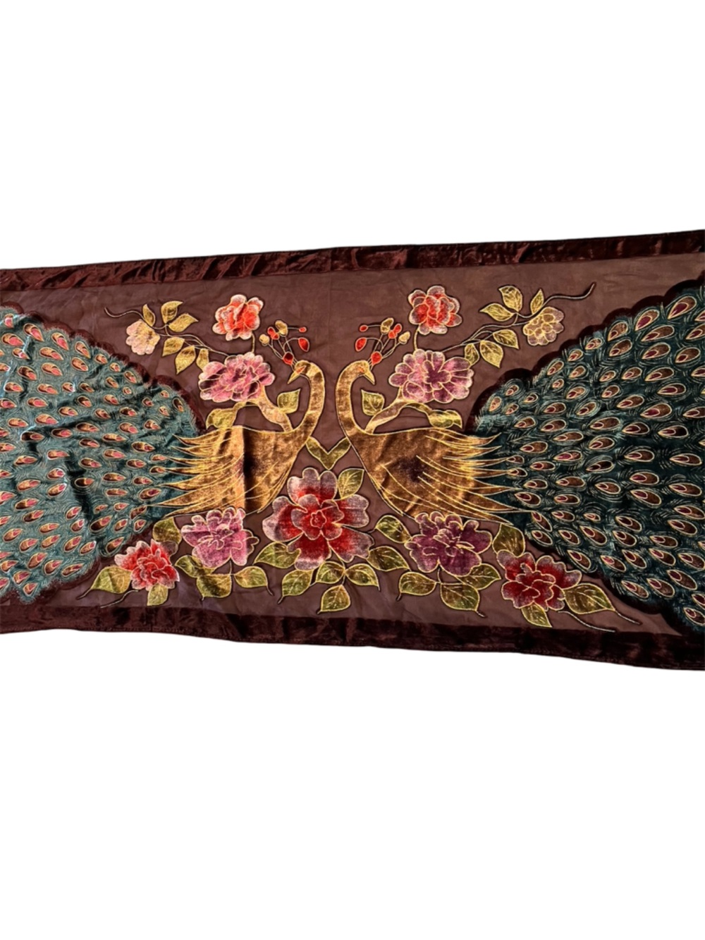 Peacock Shawl Scarf Wrap Burnout Beaded Large Velvet & Silk 
65x19 VINTAGE